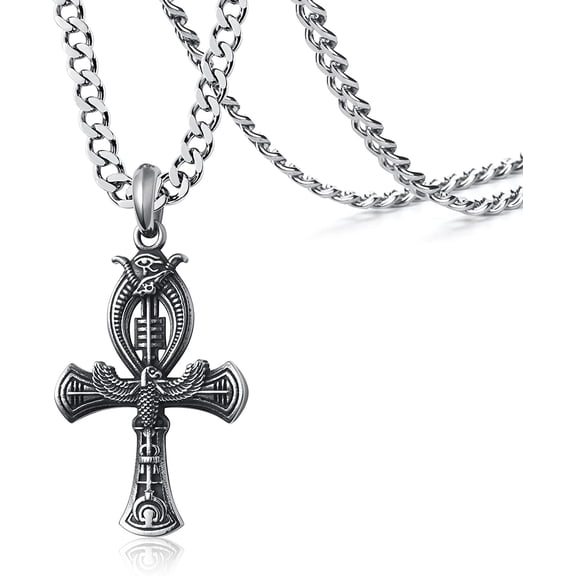 Mens Ankh Cross Necklaces Stainless Steel Egyptian Eye of Horus Pendant Chain Jewellery 60cm