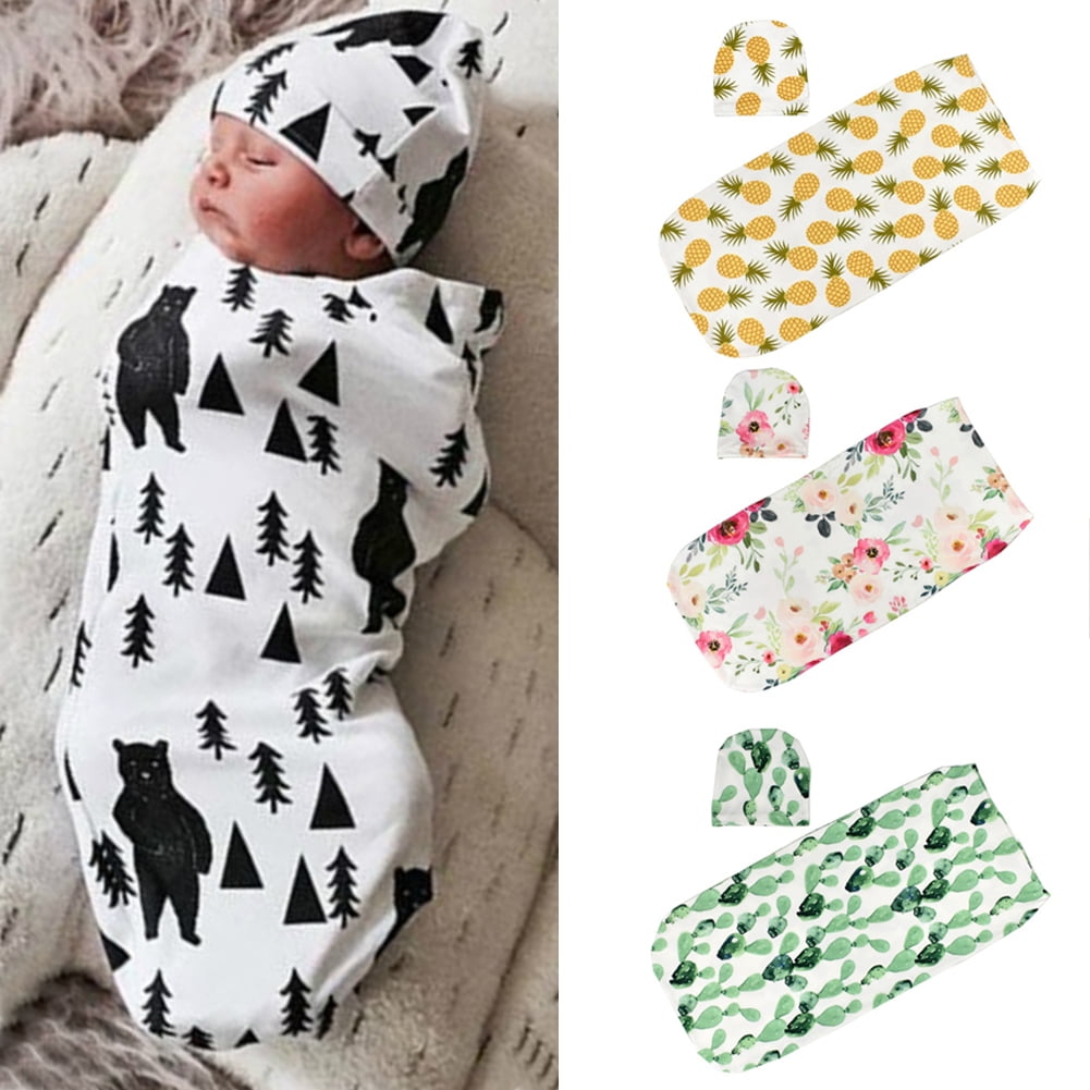 2pcs/set 0-3m Baby Cotton Cap Swaddle Wrap Infant Hat Blanket Sleeping Bags BF# 