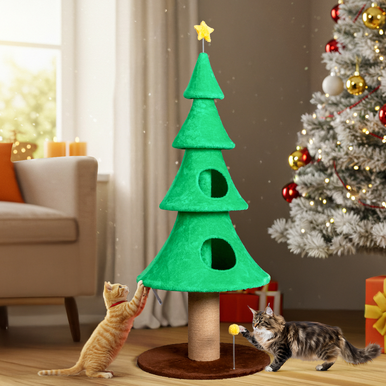 Ktaxon 59in Large Christmas Tree Cat Tower with 2 Condos, Scratching Post, Soft Fleece, Teaser Toy & Sturdy Base, Green