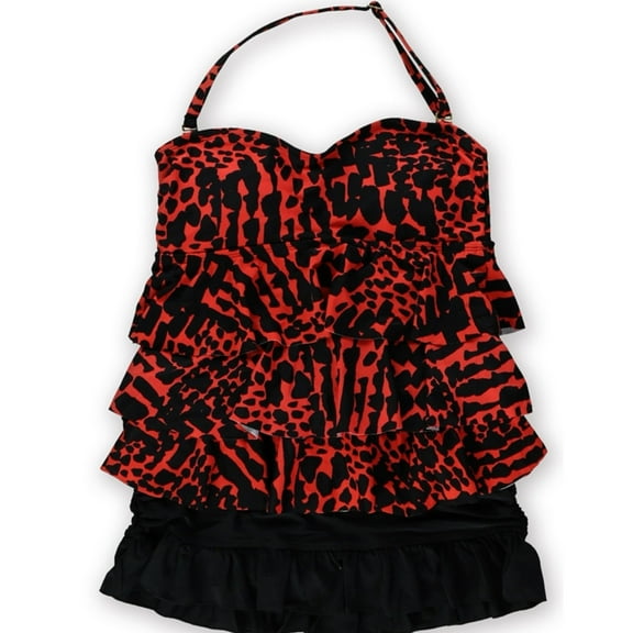 Island Escape Womens Print Tier Ruffled Skirt 2 Piece Bandeau, Orange, 8