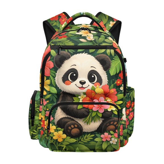 CHAQLIN Cute Panda Floral Pattern School Backpack with Large Capacity, Lightweight Breathable 17-inch Kids School Backpack for Girls for Preschool Back to School