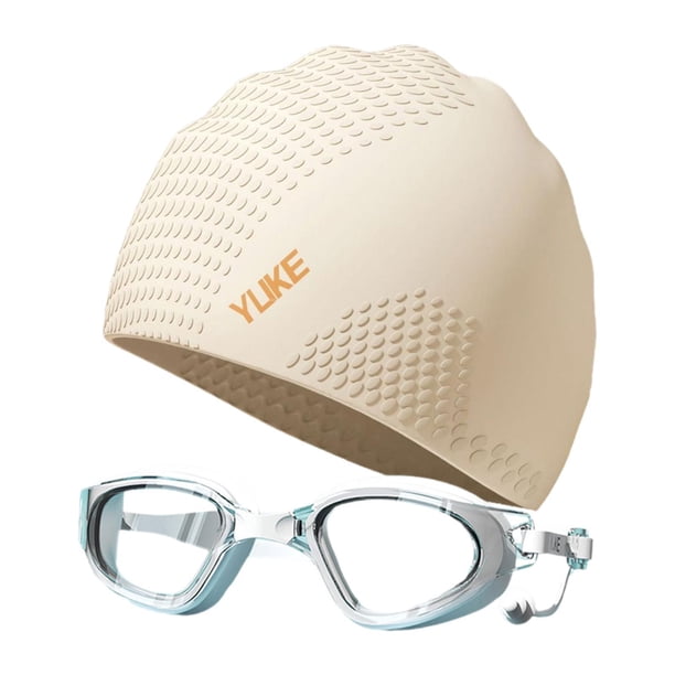 Gafas de natación con tapa de natación gafas de natación visión transparente portátil, sin fugas de gafas de natación anti antiniebla de silicona tapa Beige