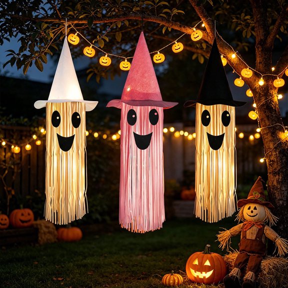 Sruoe 3 Pack Witch Hat Ghost LED Hanging Light String, Terrifying Indoor Halloween Decor, Spooky Ghost Pendant Lights For Living Room Window Costume Party Decor