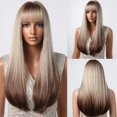thumbnail image 1 of Pelucas naturales rubias largas con flequillo para mujer, pelo falso sintético de alta densidad, liso y sedoso, resistente al calor, para Cosplay diario, 1 of 4