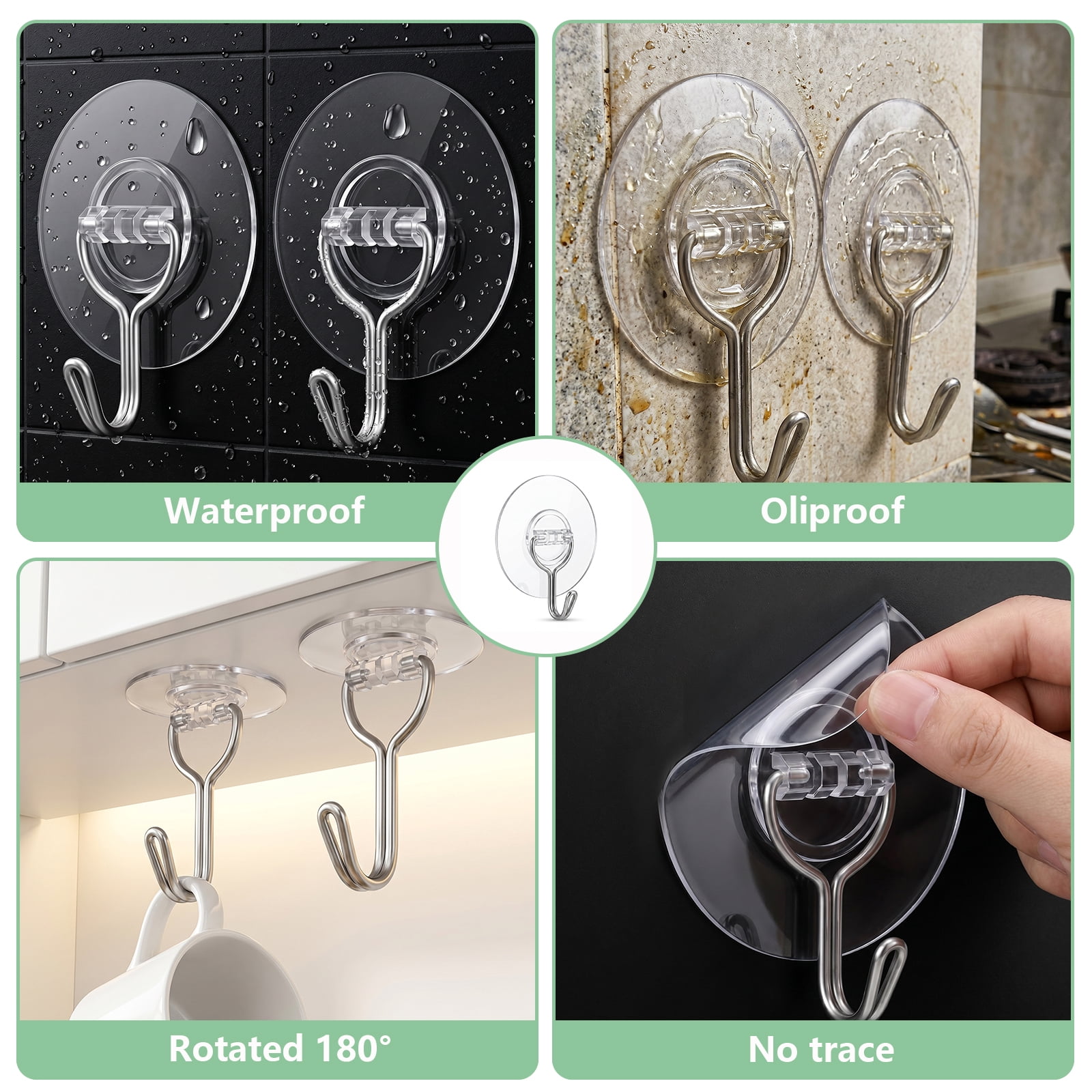 Koomade 12 Packs Adhesive Wall Hooks 13LB Heavy Duty No Drill Transparent Waterproof Hooks for Bathroom Kitchen Towel Coat Keys