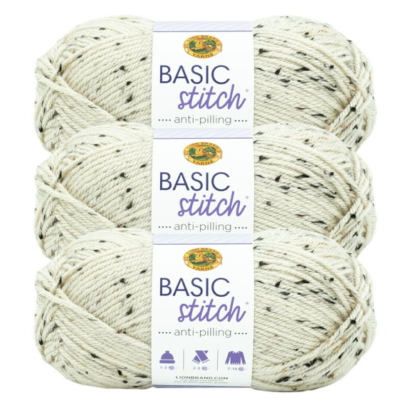 Lion Brand Yarn Basic Stitch Anti Pilling Almond Tweed Medium Acrylic Yarn 3 Pack
