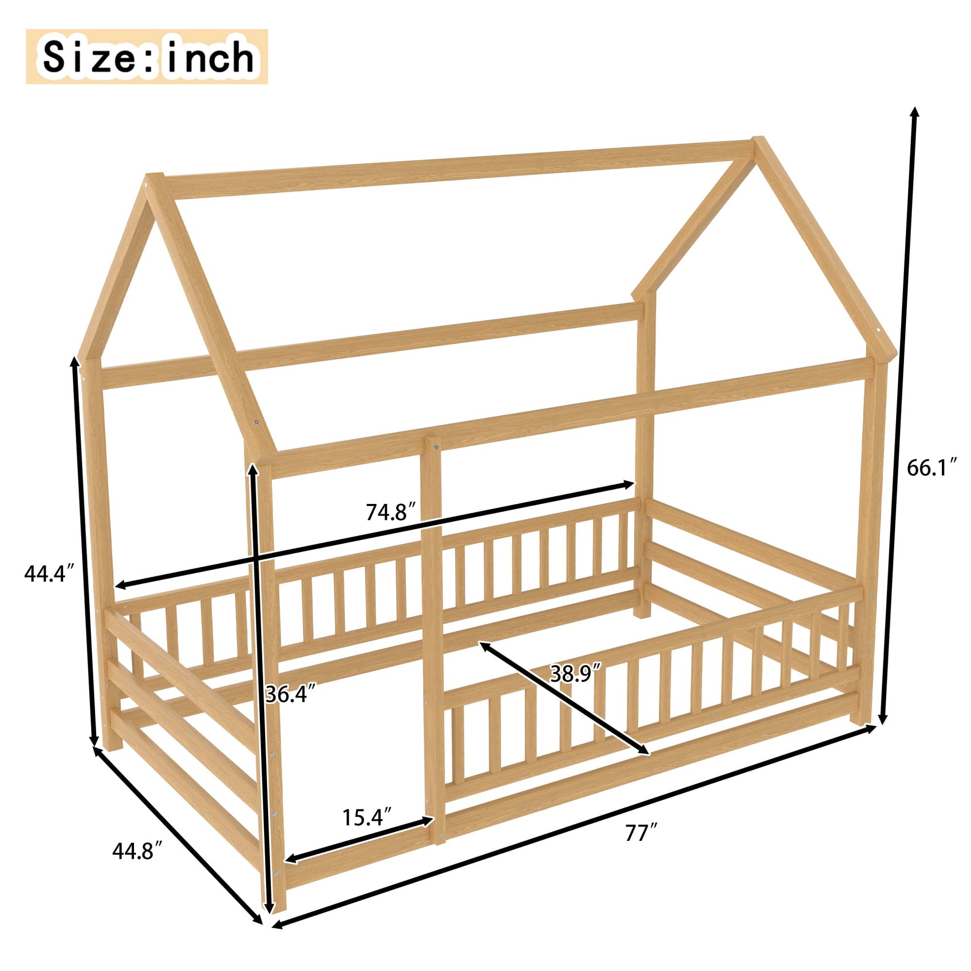 Leumius Twin Size Floor Bed with House Roof Frame, Fence Guardrails Montessori Floor Bed for Boys Girls Natural