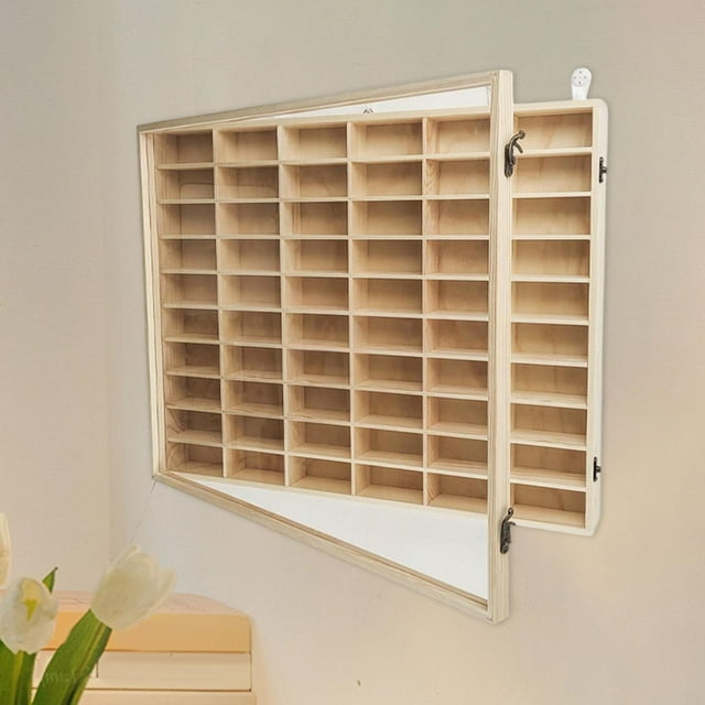 BELOVING Wooden Toy Car Display Case Display Shelf Multi Grid Durability Showcase Protection with Dustproof Door Organizing Wall Mount 60 Grid