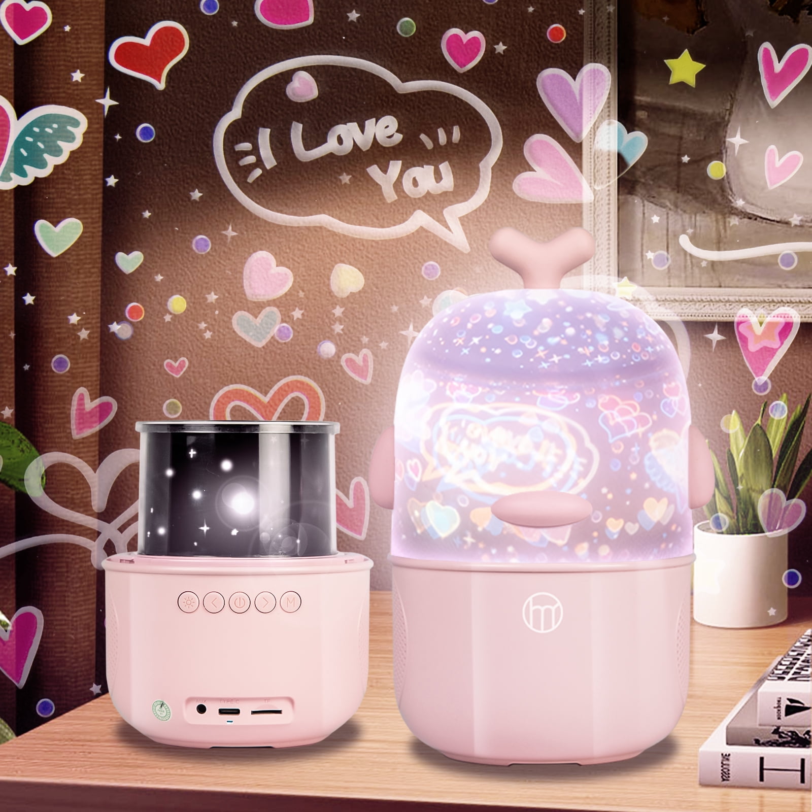 Aromei Mini Karaoke Machine Rotating Night Light Projector All-in-one for Kids with Microphone & 6 Light Films, Ideal for Home Party Birthday Gifts, Pink