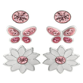 Brilliance Fine Jewelry Girl’s Crystal Sterling Silver Butterfly and Daisy Icon Stud Earring Set, 3 Pairs