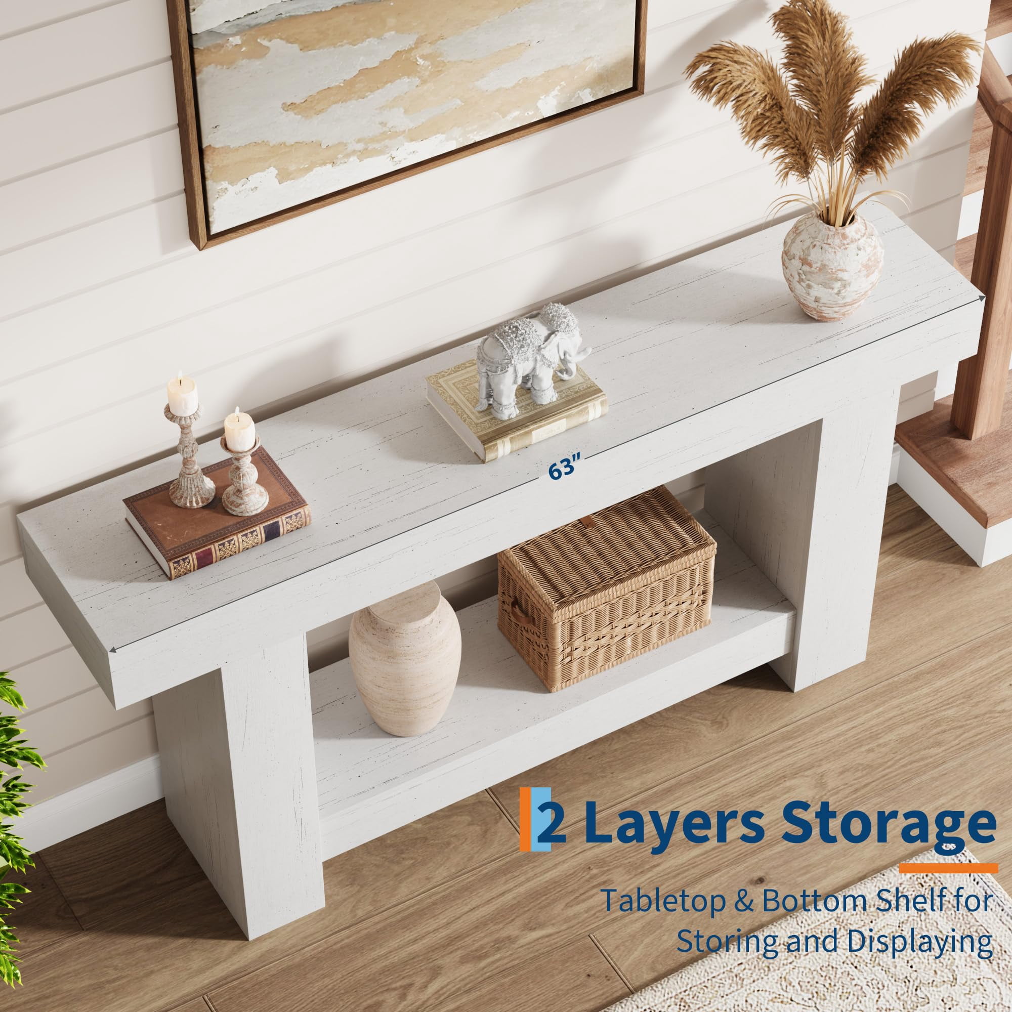 Farmhouse Console Table for Entryway – 2-Tier Long Sofa Table with Storage Shelf – Rectangular Wooden Accent Table – Spacious Dining Room Furniture – Antique White, 1.6 Meters