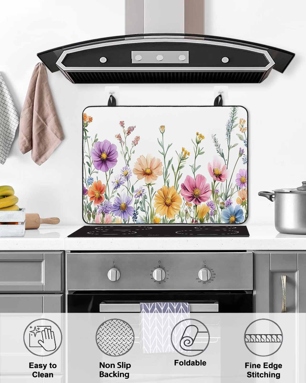 nqOlkjepod Large Induction Cooktop Protector Mat 36"x21", Spring Floral Stove Top Covers for Electric Stove, Yellow Pink Flowers Watercolor Pastoral Stove Burner Cover Mats, Glass Top Stove Cover