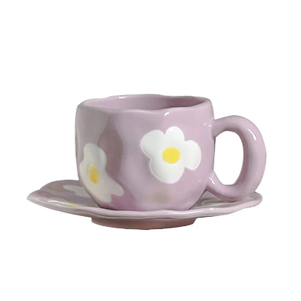 Bonita taza de cerámica de estilo coreano con forma de corazón y flores pintadas a mano, taza de café con platillo y asa, tazas para desayuno, leche y agua