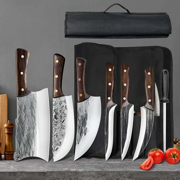 7pcs Professional Serbian Cleaver Chef Knife Set - Forged Butcher Knife with Sharpening Rod & Roll Bag, for Meat/Fish/Veggies, Gift for Cooking Enthusiasts