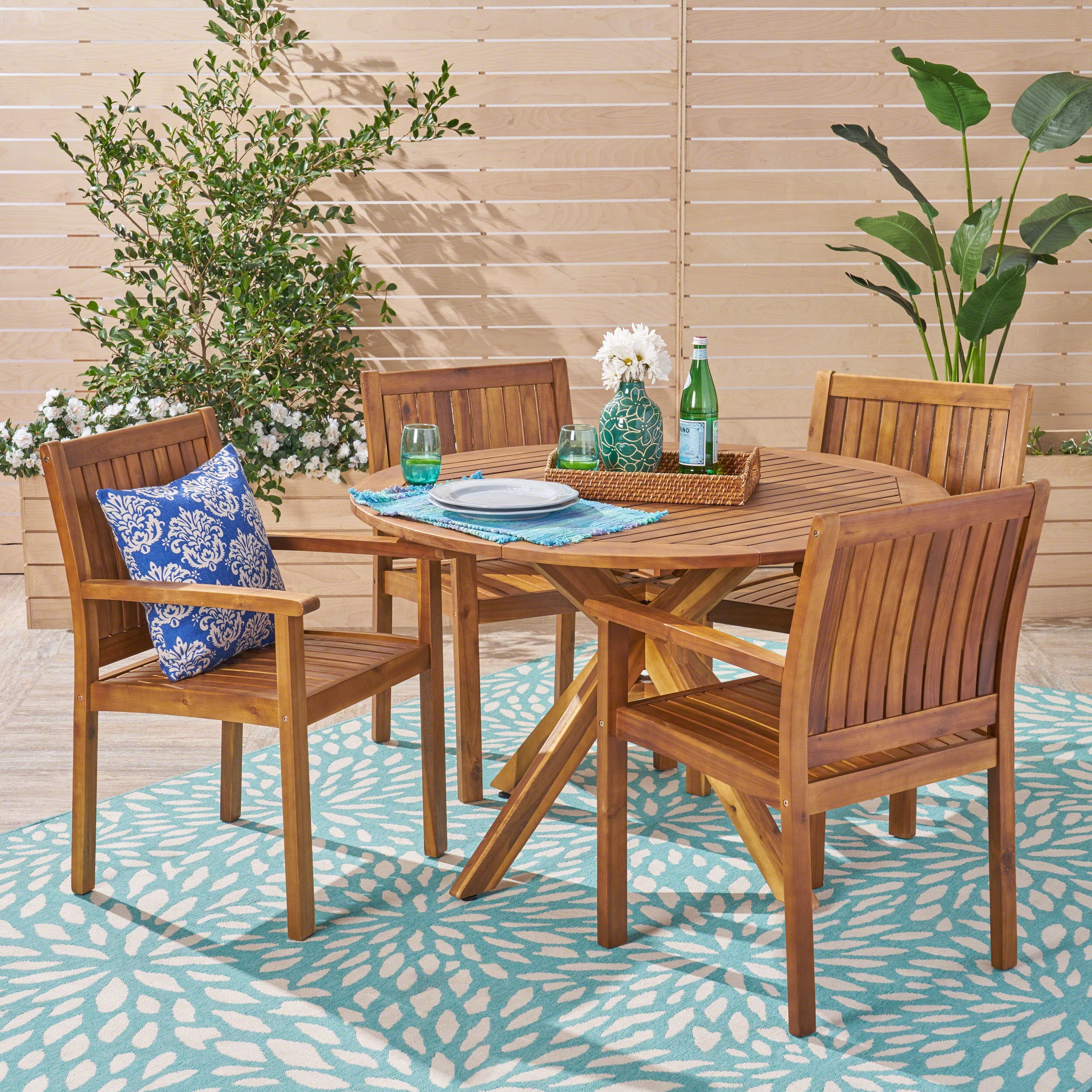 Hanna Outdoor 5 Piece Acacia Wood Dining Set, Teak - Walmart.com