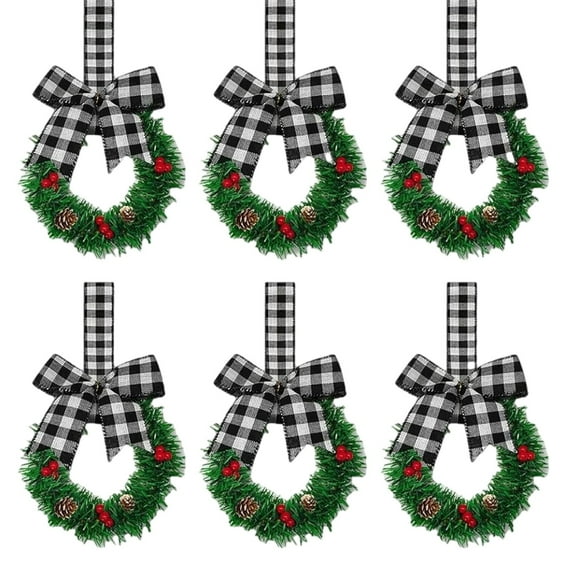 6 Pcs 5" Christmas Mini Cabinet Wreaths with Ribbon Bows Red Berry Artificial Small Kitchen Wreath for Window Front Door Farmhouse Wall Xmas Decorations