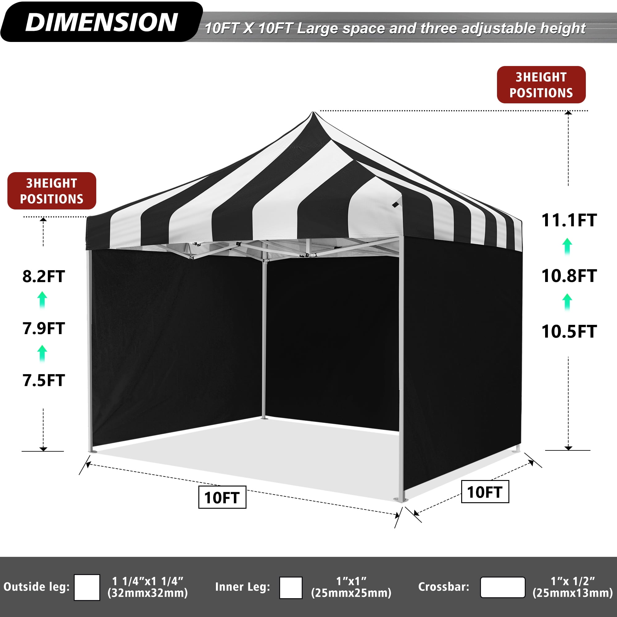 VentuLodge 10x10 Pop up Canopy Tent with Sidewalls, Commercial Grade Heavy Duty Canopy with Striped Top, Black