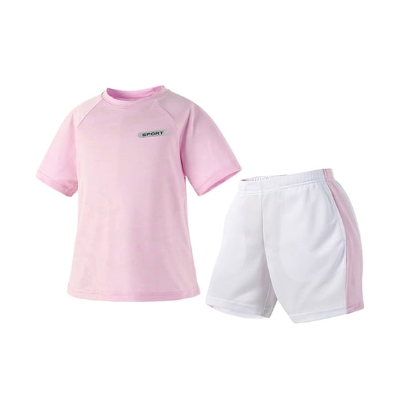 CYRBOKO Girls Athletic Outfit Sets, Breathable Summer Short Sleeve Elastic Waist Quick-dry Kids Clothing Sets Pink Size 10-12 T