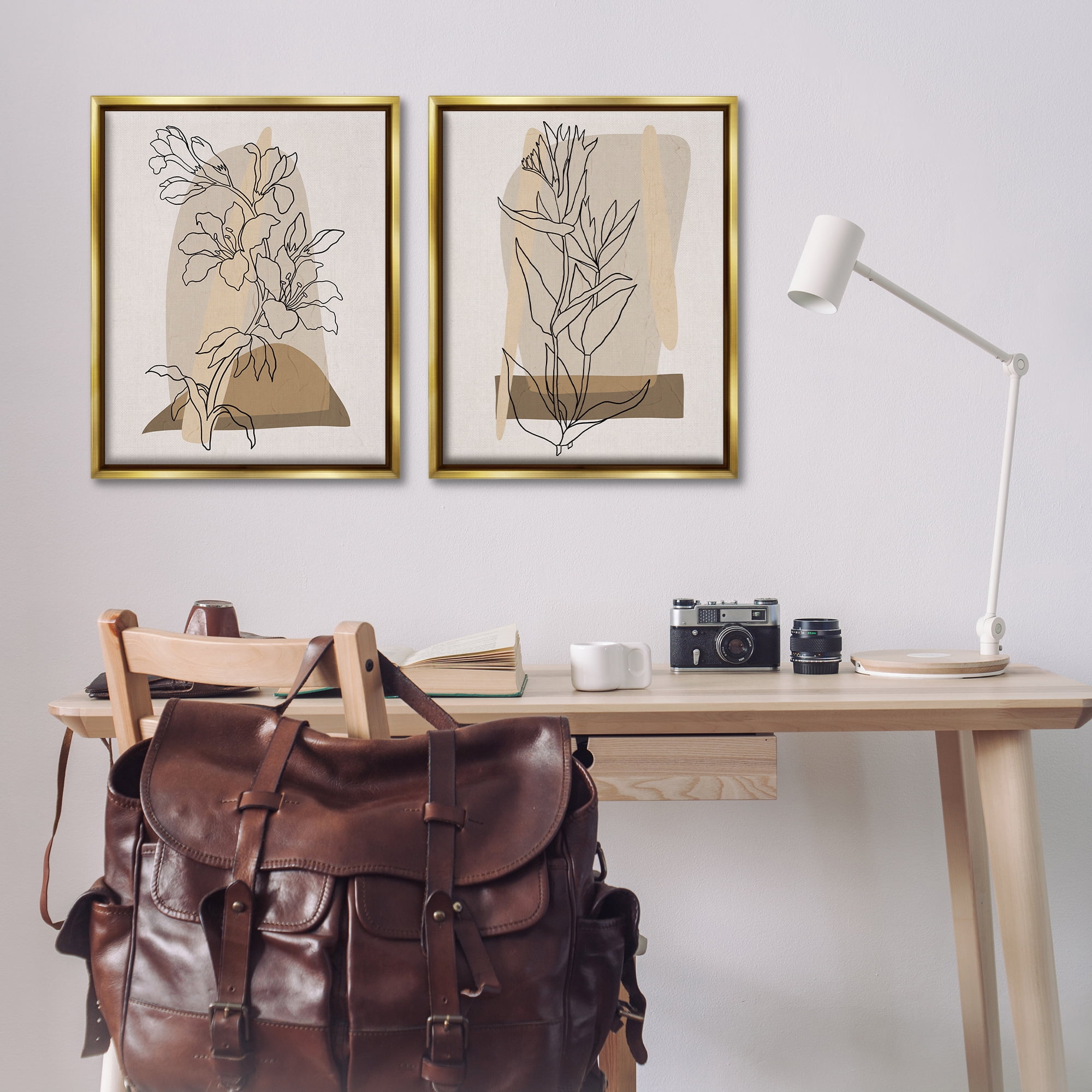 Stupell Industries Natural Flower Outlines Plants & Flowers Painting Gold Floater Framed Canvas Art Print Wall Art, 31 x 25, Set of 2