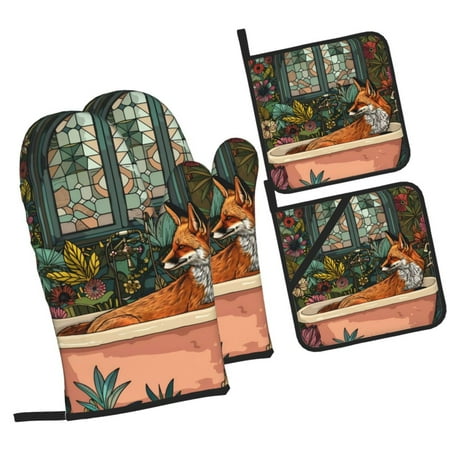 

Zeuib Fox Bathtub Floral Art Oven Mitts and Potholders BBQ Gloves Kitchen Oven Glove High Heat Resistant 500 Degree Extra Long Oven Mitts and Potholder with Non-Slip Silicone Surface for Cooking
