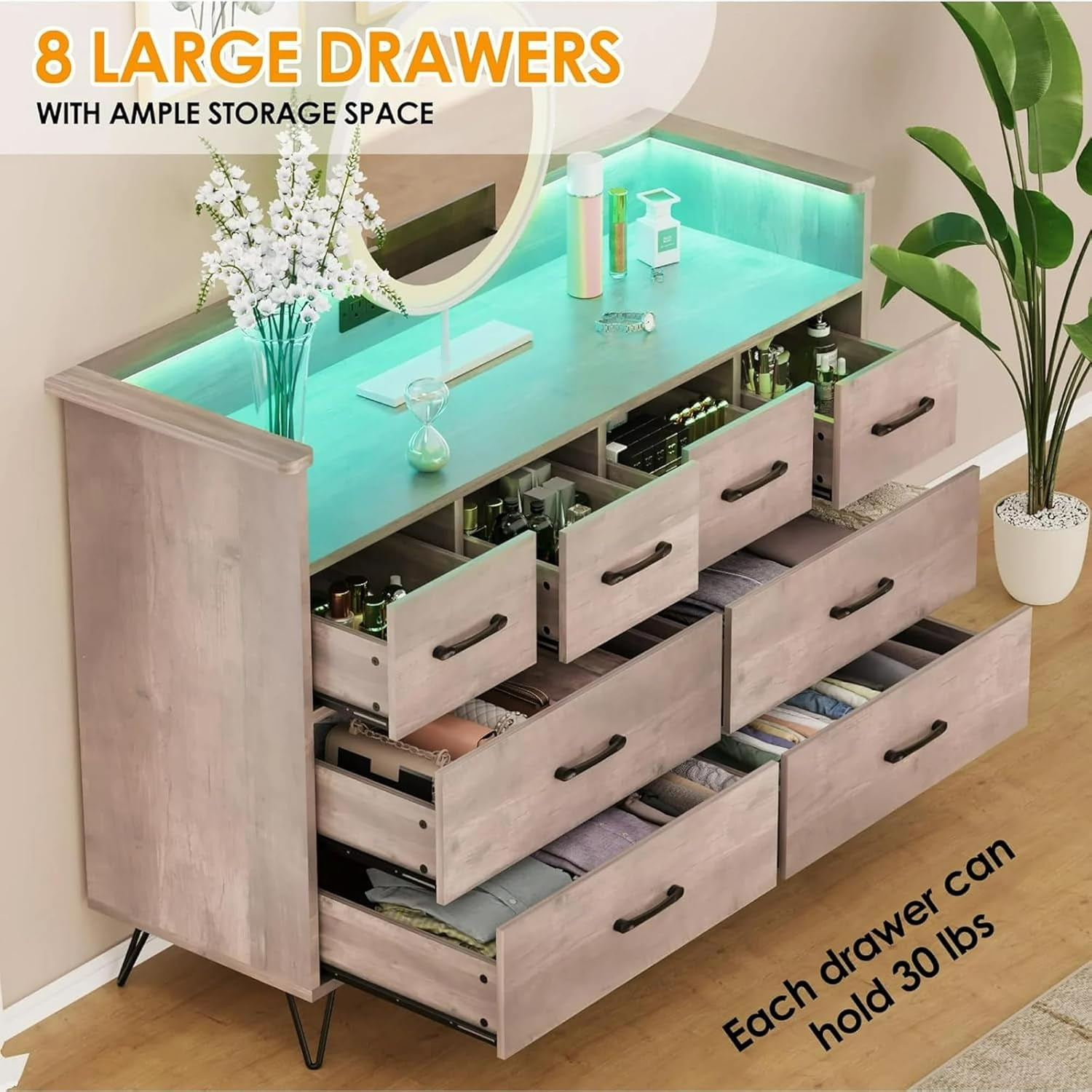 Homhougo Dresser TV Stand, Dresser for Bedroom With LED Light & Charging Station Entertainment Center With Storage 8 Drawers Wooden Dressers With Open Space Wide Drawers for Living Room, Light Brown