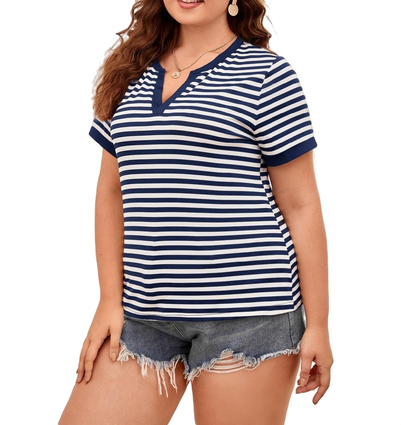 Casual Striped Notched Short Sleeve Navy Blue Plus Size Tshirts (Women