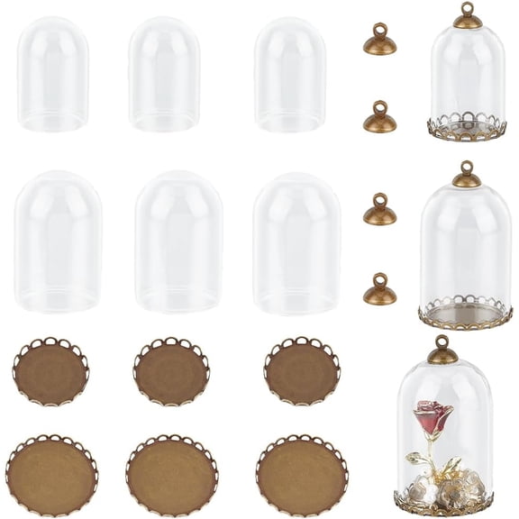 10 Sets 2 Styles Glass Dome Cover Decorative Display Case Cloche Bell Jar Terrarium with Alloy Base Antique Bronze 21~26x37~46.5mm Inner Diameter: 16~20.5mm 5 sets/style