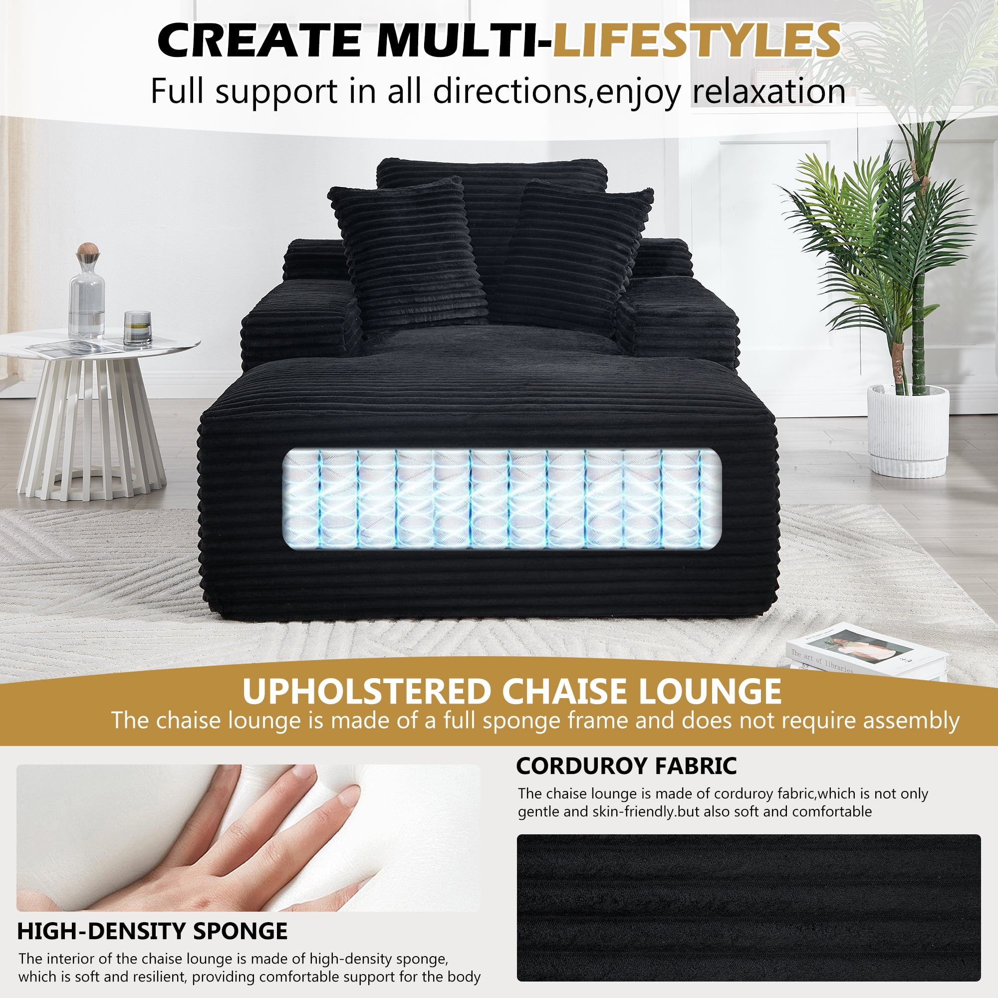 Leumius 67'' Oversized Chaise Lounge Chair Indoor,Cloud Plush Velvet Upholstered Deep Seat Sofa Bed with Back Cushion & Pillows,Cozy Sleeper Sofa Couch for Living Room, No Assembly Required,Black