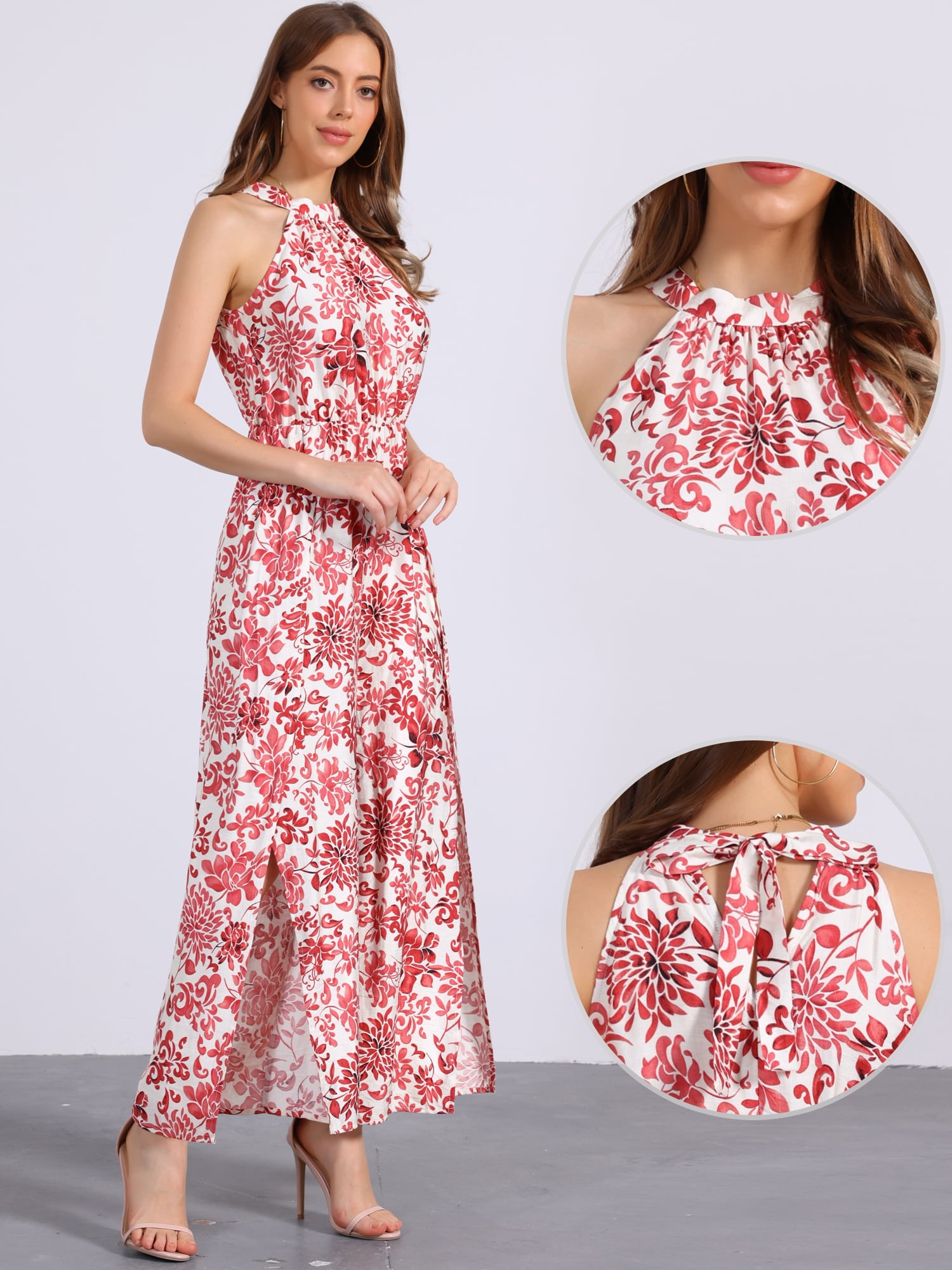 DARING DIVA Women's Casual Halter Sleeveless Boho Wide Leg Jumpsuit M Red