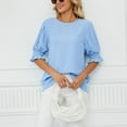 thumbnail image 2 of Defitshape Women's Soft T Shirt Summer Top Button Ruffle Cool Lightweight Loose Holiday Boat Neck Bishop Sleeve Shirt Sky Blue Medium, 2 of 4
