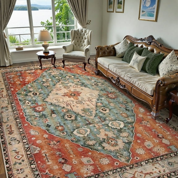 Wonnitar 9'x12' Area Rug for Living Room Large Boho Tribal Area Rug for Bed Room Machine Washable Mat Indoor No Slip Vintage Carpet for Dining Family Room Foyer Apartment Den,Rust