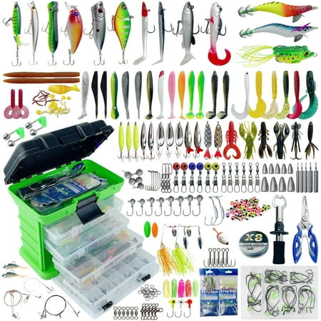 FREE FISHER 353Pcs Fishing Tackle Set Complete Kit with Crank Baits Minnow Shrimp Lures Paddle Tail Swimbaits,Jig Head Hook Plastic Float Fish Pliers for Saltwater Anglers