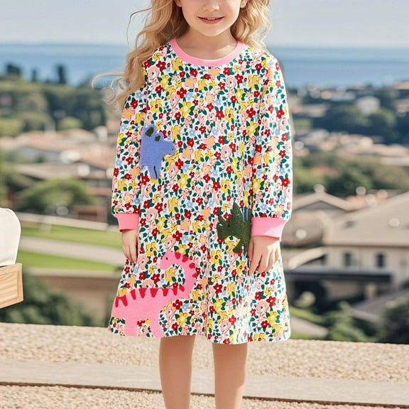 ATOGUTA Girls Casual Dress Appliques Fall Clothes Basic Jersey Long Sleeved Party Dresses Size 2T-8, Pink