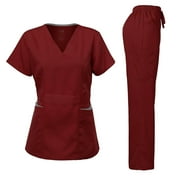 Medical Uniform Women's Scrubs Set Stretch Contrast Pocket Burgundy XS