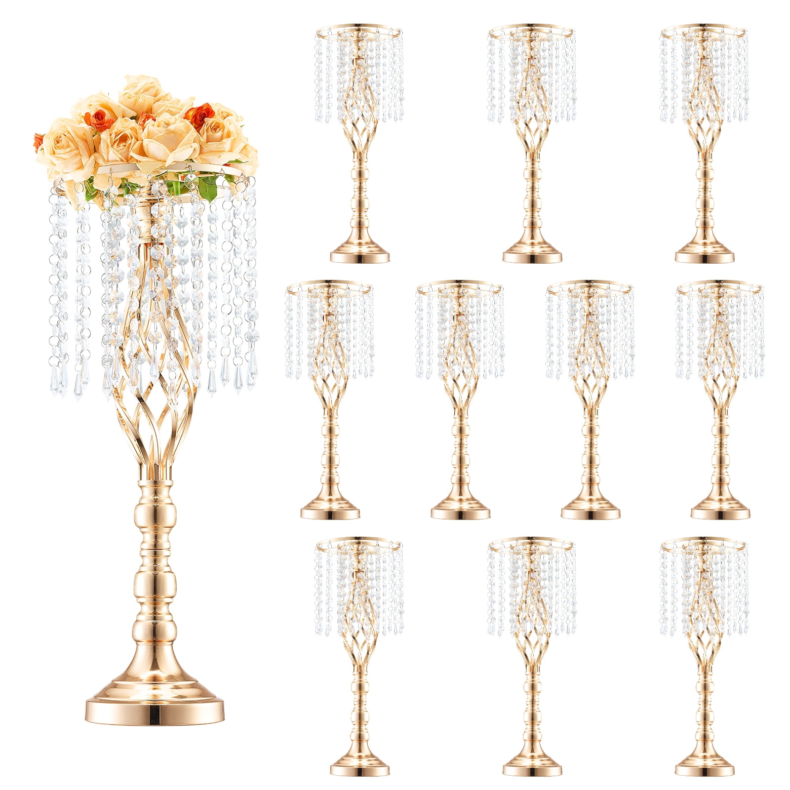 VEVOR 10PCS 55cm/21.65” Tall Crystal Wedding Flower Stand, Metal Wedding Centerpiece Vase, Gold Flower Holders Floral Display Rack for Tables Wedding Dinner Party, Ceremony Birthday Event Decor