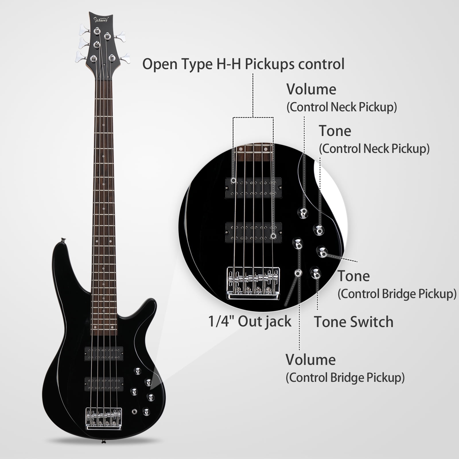 44 Inch GIB 5 String H-H Pickup Laurel Wood Fingerboard Electric Bass Guitar with Bag and Other Accessories Black