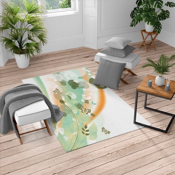 Floral Turkish Area Rug, Spring Themed Abstraction Butterflies Flower Petals and Tulip Leaves, Soft Carpet for Living Room Decor with Distressed Look, 2.6' x 5', Mint Green, by Ambesonne