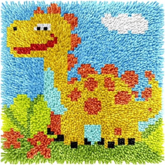Small Size Mini Yellow Dinosaur Latch Hook Kits Rug DIY Cushion Tapestry Making Crochet Hook Mat Making Kits Color Preprinted Pattern Canvas DIY Carpet Needlework Crochet Cushion Kits 30x30cm