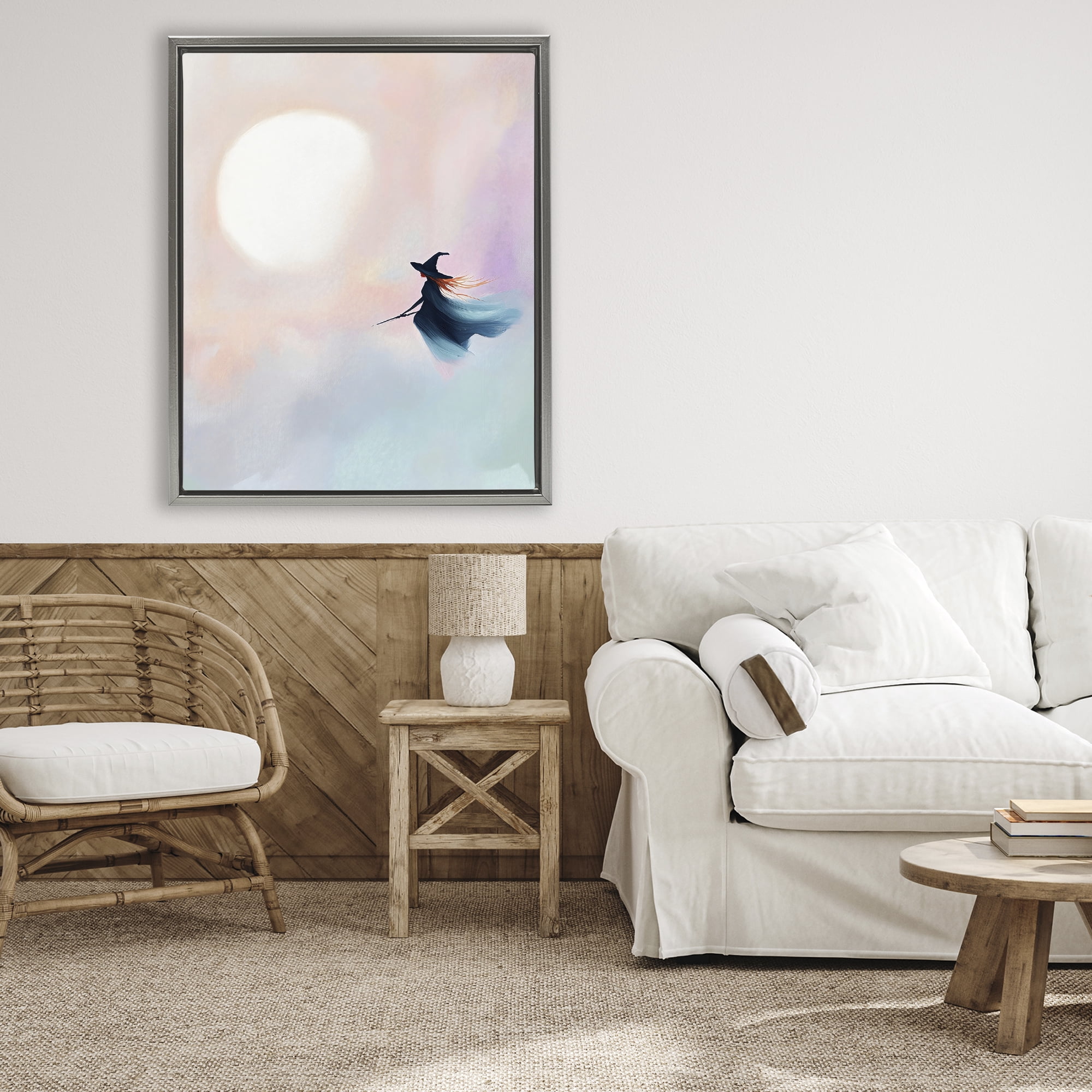 Stupell Industries Witch Flying at Sunset Gray Framed Floater Canvas Wall Art, design by The Prints Vibe