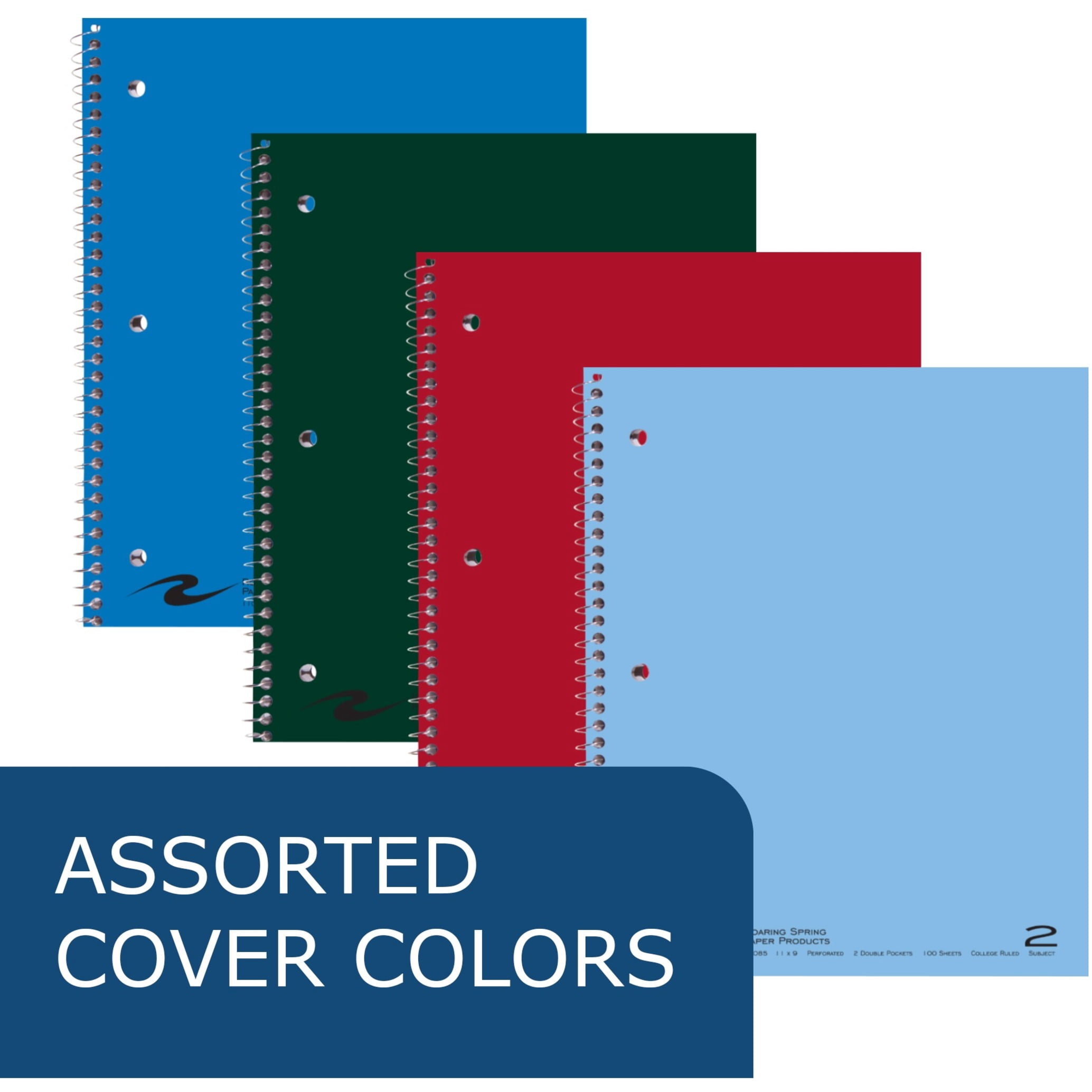 Roaring Spring College Ruled 2 Subject Spiral Notebook, Double Pockets, 1 Case (24 Total), 11" x 9" 100 Sheets, Assorted Saranac