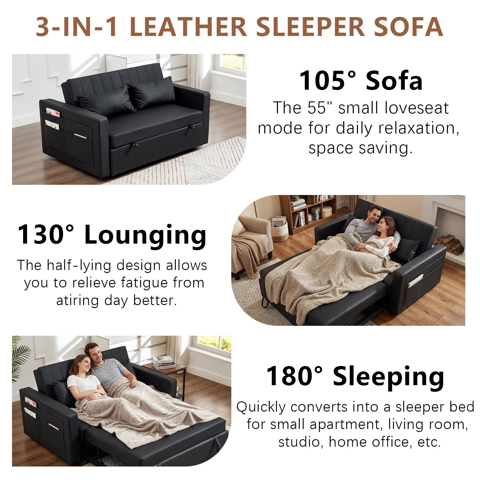 55" 3 in 1 Convertible Sleeper Sofa Bed, Leather Pull Out Sofa Bed, Loveseat Sleeper, Futon Sofa Couch with Side Pocket for Living Room, Apartment, Bedroom, Black