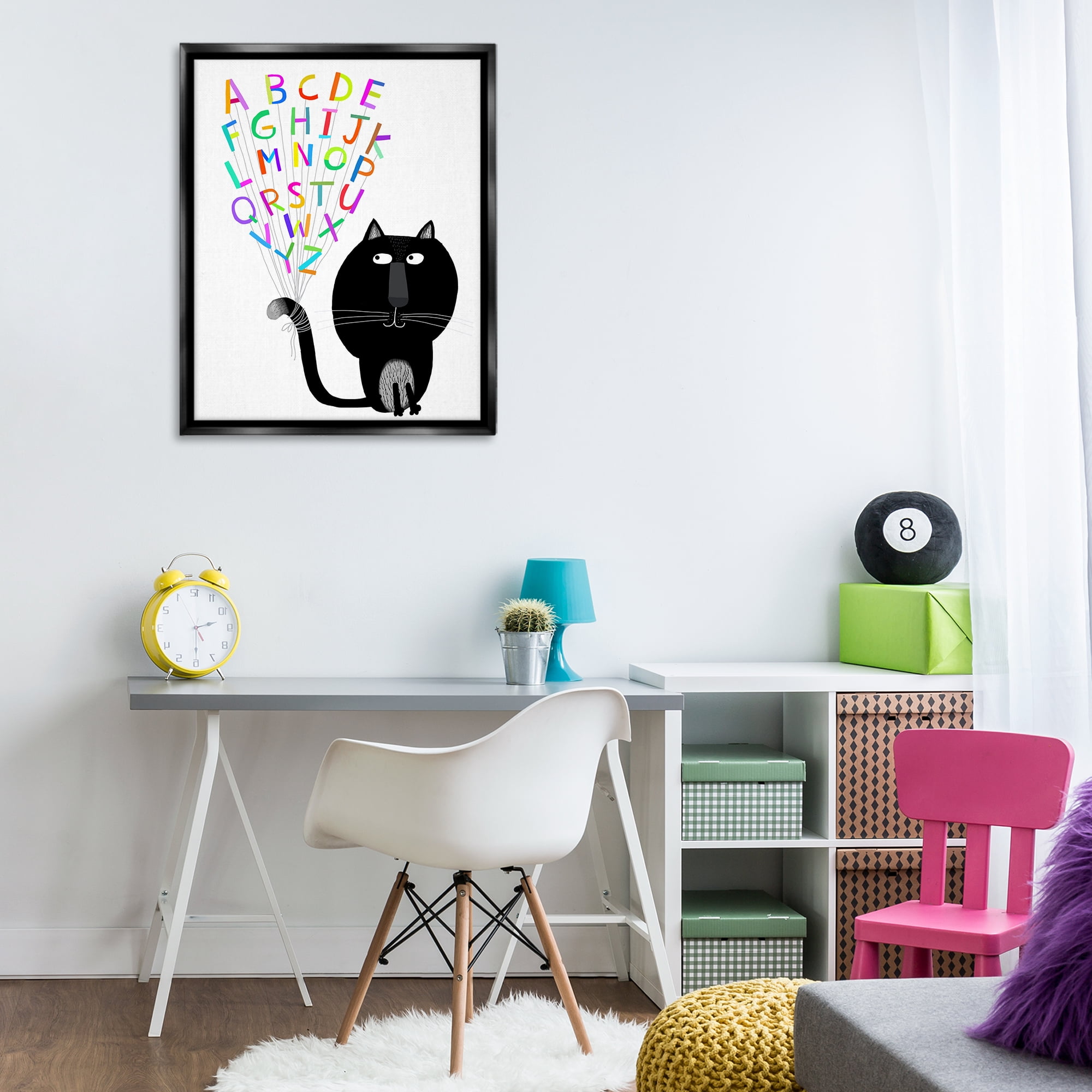 Stupell Industries Cat with Alphabet Animals & Insects Painting Black Floater Framed Art Print Wall Art, 25 x 31