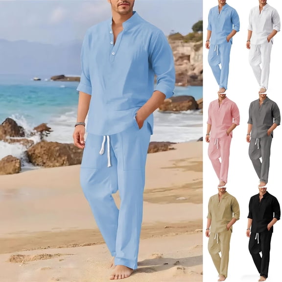 MASRIN Men's 2 Piece Cotton Linen Sets Casual Long Sleeve Stand Up Collar Henley Shirts and Loose Pants with Pockets Beach Vacation Outfits, Black, XXL