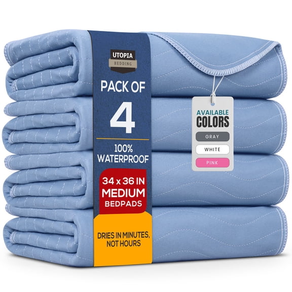 Utopia Bedding Washable Underpads 34" x 36" (Pack of 4), Waterproof Reusable Heavy Absorbency Incontinence Bed Pads for Adults, Kids, Elderly and Pets, Bedwetting Pads for Sofa and Couch (Blue)