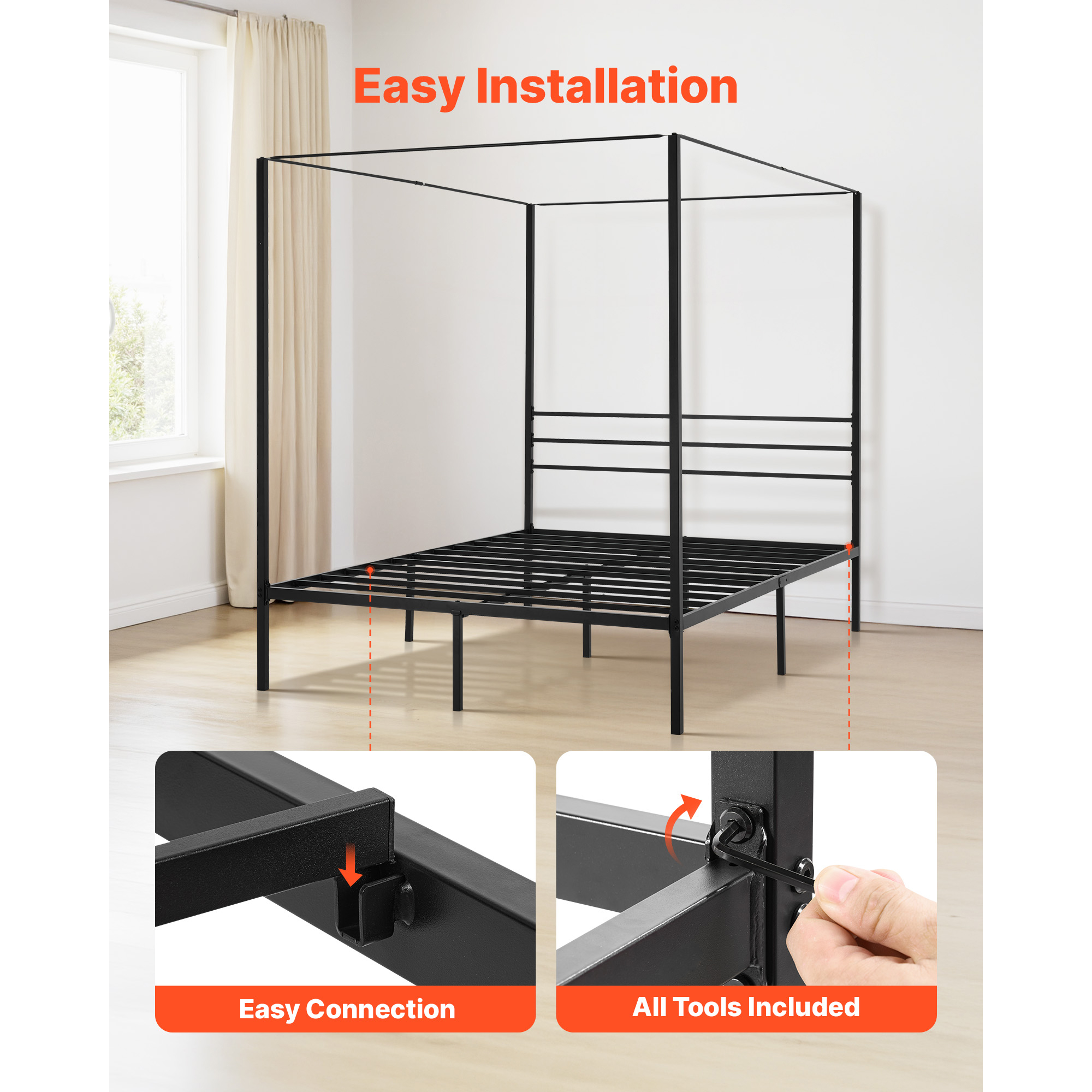 KFFKFF Queen Size Canopy Bed Frame for Bedroom, Durable Steel Bed Frame, Ample Underbed Storage, No Box Spring Required, Simple Assembly, Black