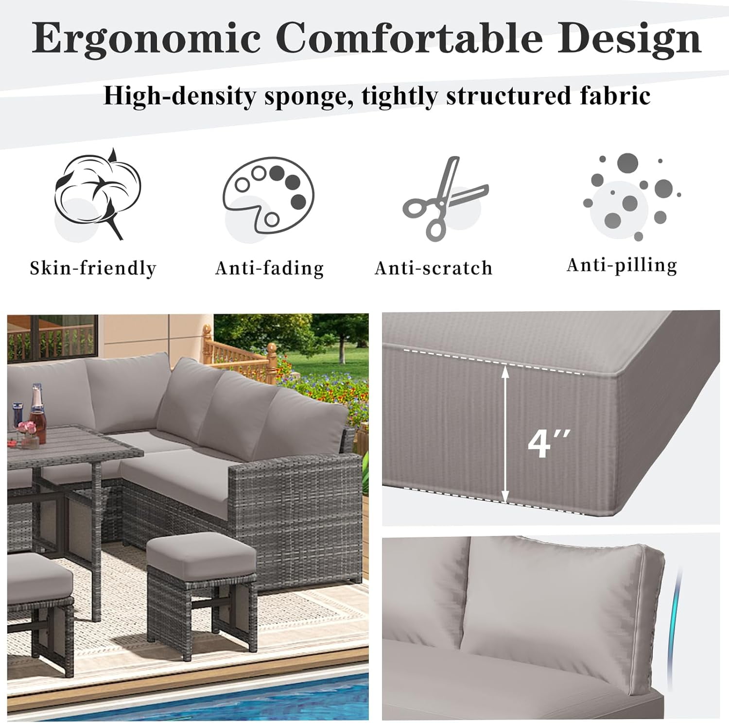 AECOJOY Outdoor Cushions, 4 inch Patio Cushions for Outdoor Furniture, Replacement Cushions Fits 7-Seats Sectional Rattan Conversation Set, Splashproof, Memory Foam Cushions and Covers in Light Grey