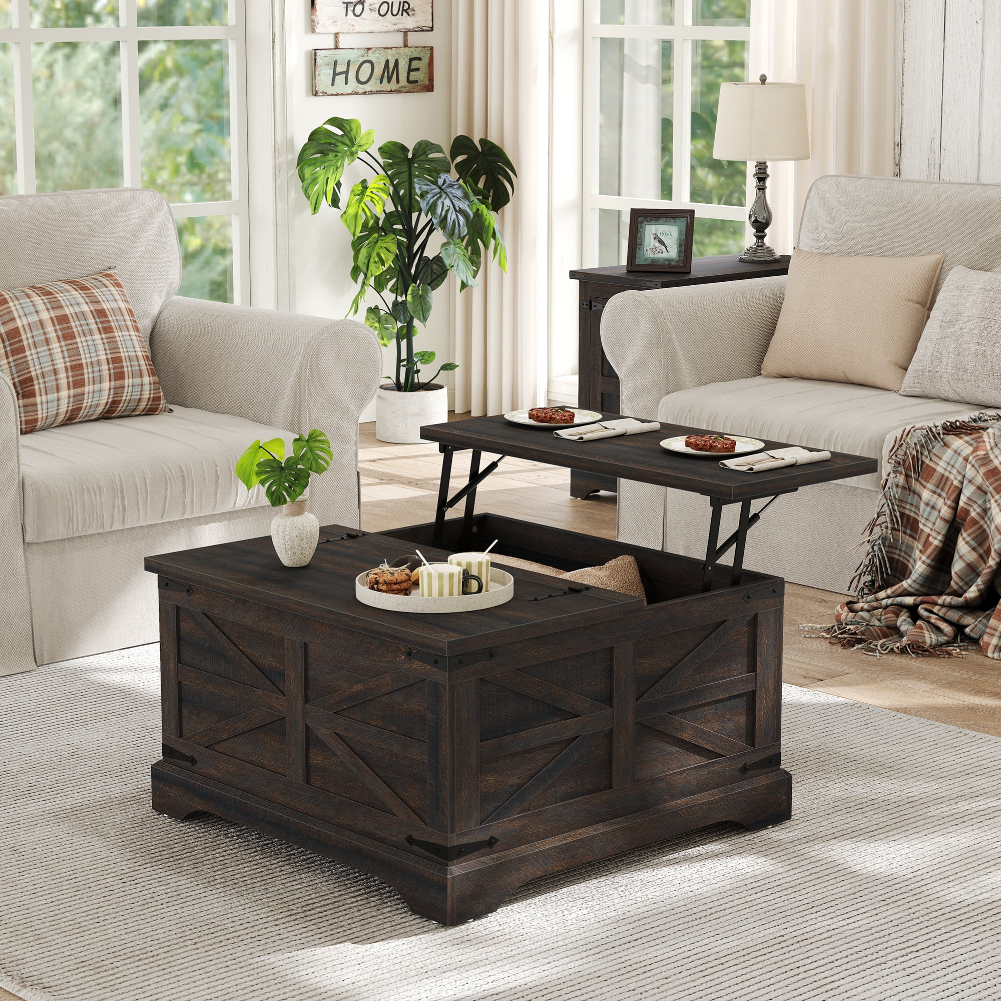 Furnihold Square Coffee Table with Storage Farmhouse Coffee Table with Lifting Top Modern Wood Center Table for Living Room Home Office, Dark Brown