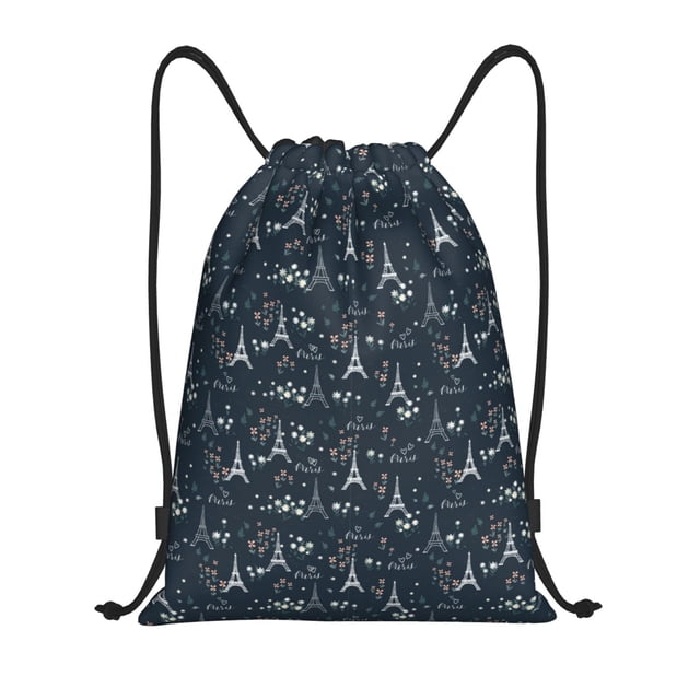 Xecao Romantic Eiffel Tower Pattern Sports Drawstring Backpack - String Swim Gym Bag with Wet Proof Pocket for Women&Men-Small