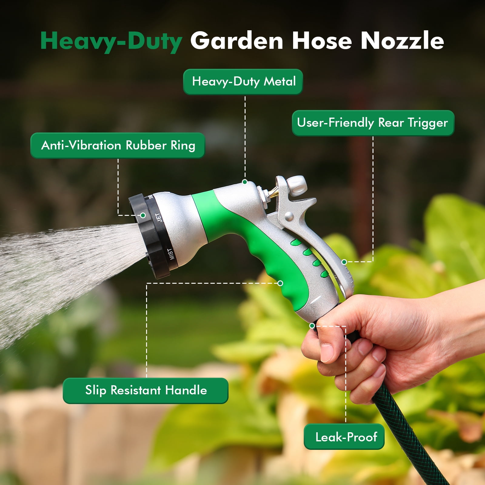 Restmo Water Hose Nozzle with Removable Spray Disc, Heavy Duty Garden Hose Nozzle with 6 Spray Patterns, High Pressure Hand Sprayer for Watering Plants, Washing Cars & Pets, Rear Trigger
