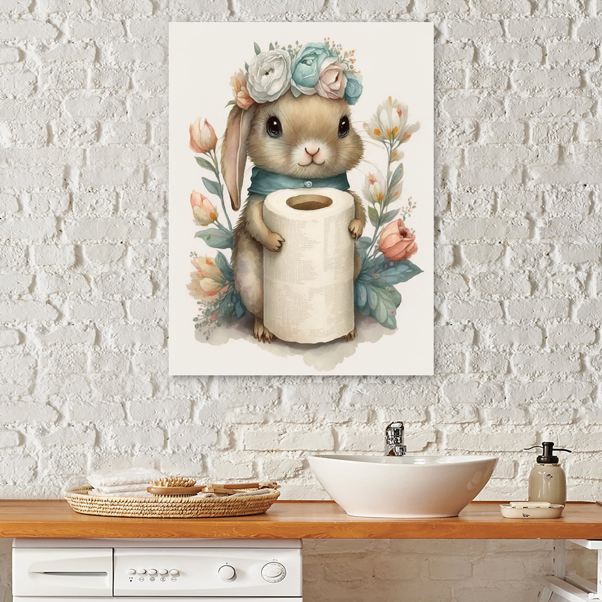 Designart Bunny With Roll Of Toilet Paper And Flowers II Canvas Wall Art